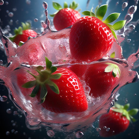 Strawberries in water splash on black background. 3d illustrationの素材