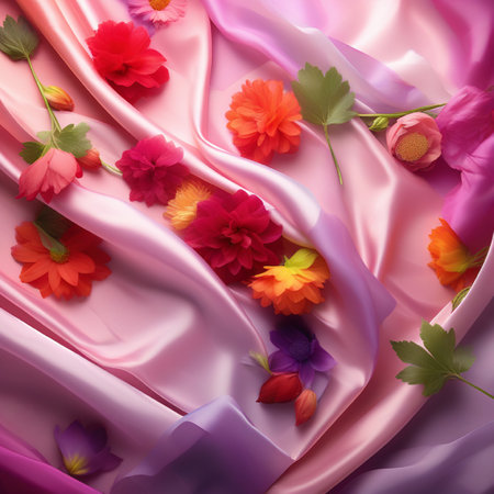 3d illustration of a pink satin background with flowers and leavesの素材