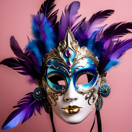 Beautiful Venetian mask with feathers on a pink background.の素材