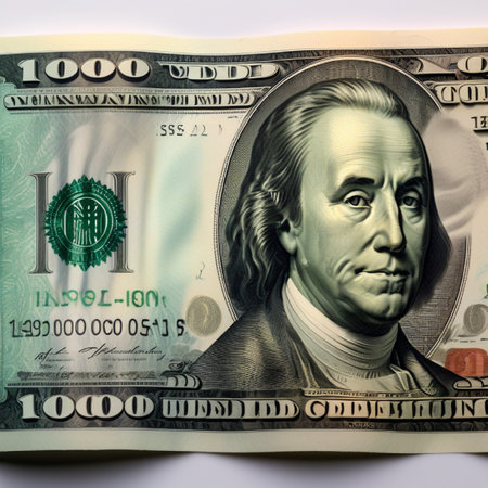 Close-up of one hundred dollar banknote with Franklin portrait.の素材