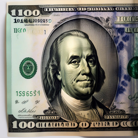 Close up of one hundred dollar bill on white background with copy spaceの素材