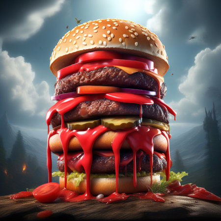 Big hamburger with red sauce on a wooden table in the forestの素材