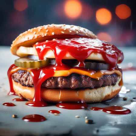 Hamburger with ketchup on a dark background. Toned.の素材