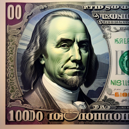 Close-up of a 100 dollar bill with a portrait of Benjamin Franklin.の素材