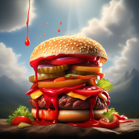 Hamburger with tomato sauce and flying ingredients on wooden table.の素材