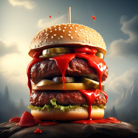 Big hamburger with red sauce on wooden table. 3d illustrationの素材