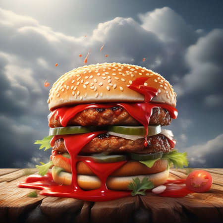 Hamburger on wooden table with cloudy sky background. 3d renderingの素材