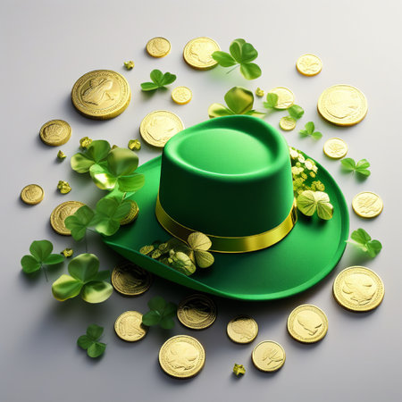 St. Patrick's Day. Green hat with gold coins and clover. 3d illustrationの素材
