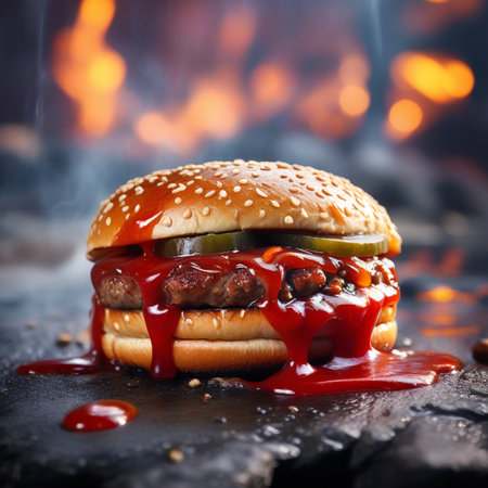 Hamburger with beef cutlet and ketchup on a black backgroundの素材
