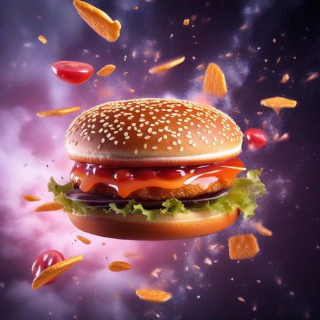 Hamburger with flying ingredients on a dark background. 3d renderingの素材