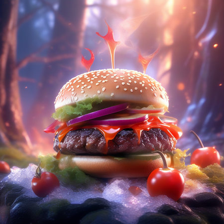 Hamburger in a dark forest. 3D Rendering.の素材