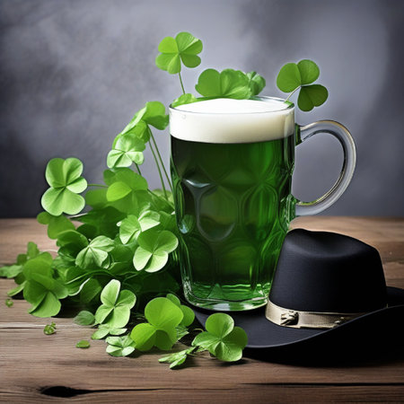 Green beer with clover leaves, hat and horseshoe on wooden tableの素材