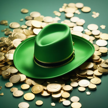 Green leprechaun hat with golden coins on green background.の素材