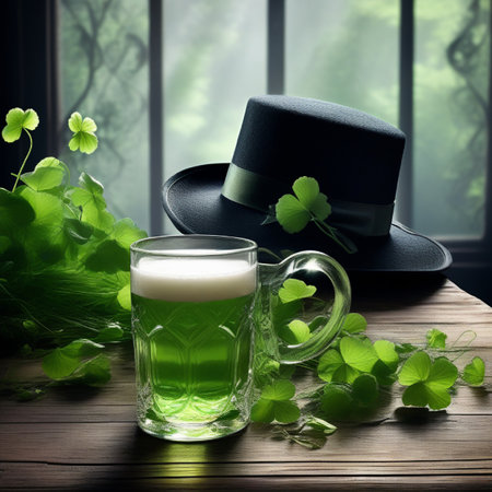 Green beer in a glass, hat and clover leaves on wooden tableの素材