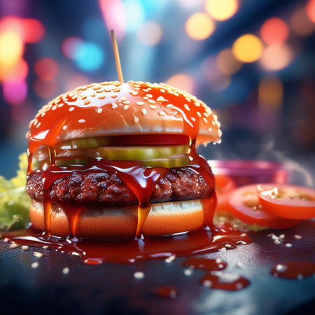 Hamburger with red sauce on a black background with bokehの素材