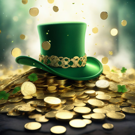 Green leprechaun hat with gold coins on bokeh backgroundの素材