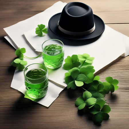 four-leaf clover, top hat and glass of green beer on wooden backgroundの素材