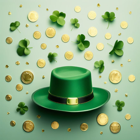 Saint Patrick's Day background with green hat, clover leaves and gold coinsの素材