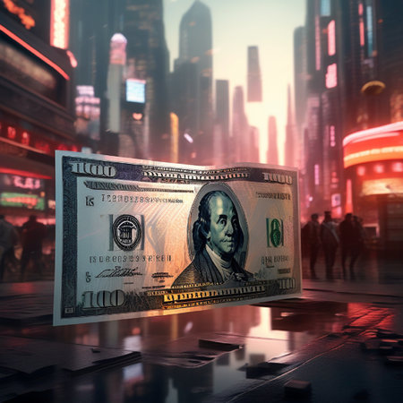 Dollar banknote on the background of New York City at nightの素材