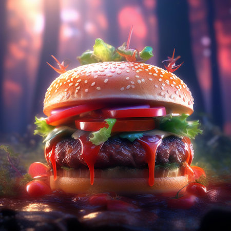 Hamburger with red sauce on a dark background. 3d renderingの素材