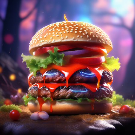 Hamburger with tomato and lettuce on the background of the night forestの素材