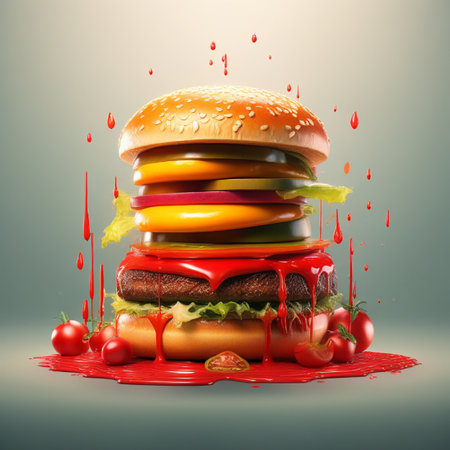 Big tasty hamburger with flying ingredients on a dark background. 3d renderingの素材