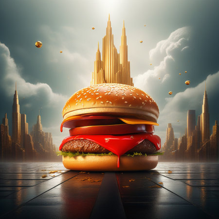 Hamburger on abstract city background. 3D Rendering.の素材