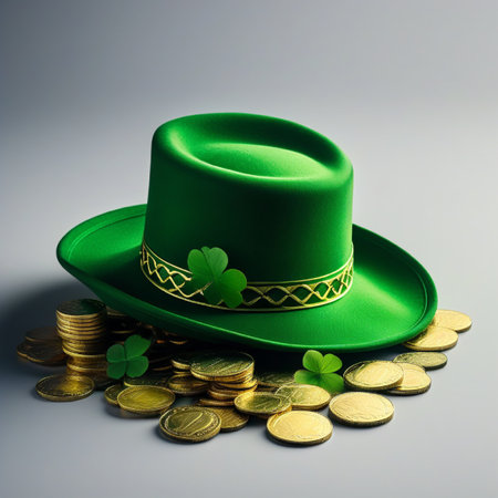 Green leprechaun hat with gold coins. St. Patrick's Day concept.の素材