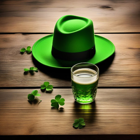 St. Patrick's Day background with green hat and glass of Irish beerの素材