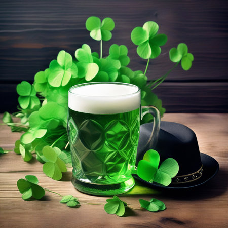 St. Patrick's Day. Glass of green beer with clover leaves on wooden backgroundの素材