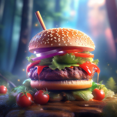 Hamburger with vegetables on wooden table in the forest at nightの素材
