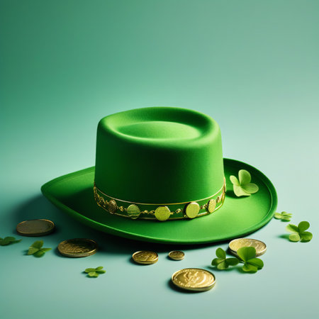 Green hat with clover leaves and gold coins. St. Patrick's Day concept.の素材
