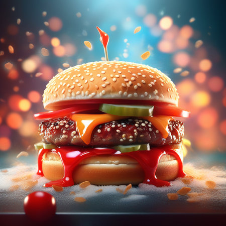 Hamburger with red and yellow sauce on bokeh backgroundの素材