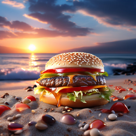Hamburger on the beach at sunset. 3d rendering.の素材
