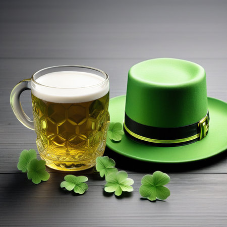 Green leprechaun hat, beer and clover leaves on wooden backgroundの素材