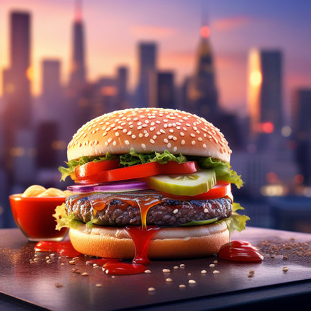 Hamburger with tomato sauce on the background of the city.の素材