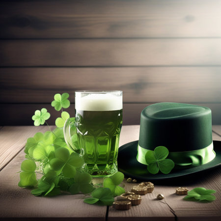 Green beer with clover leaves and leprechaun hat on wooden backgroundの素材