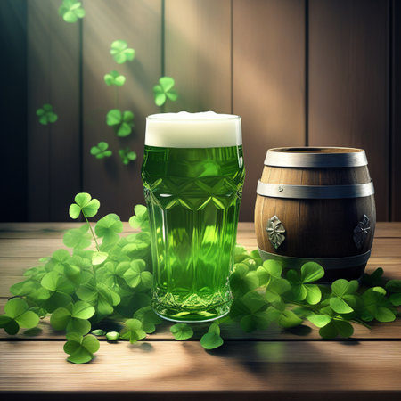 St. Patrick's Day background with green beer, barrel and clover leavesの素材