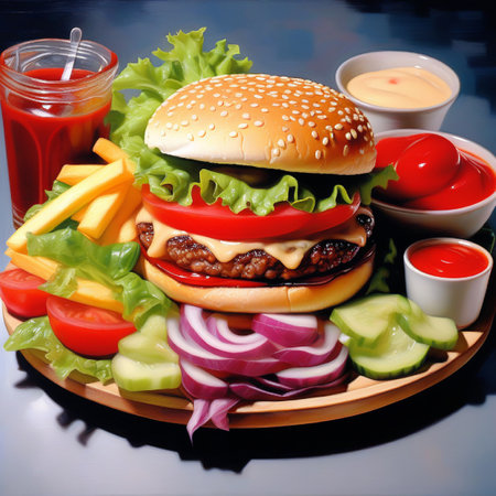 Hamburger with vegetables and sauces on a dark blue background.の素材