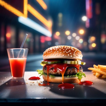 Cheese burger - American cheese burger with fresh salad and tomato juiceの素材