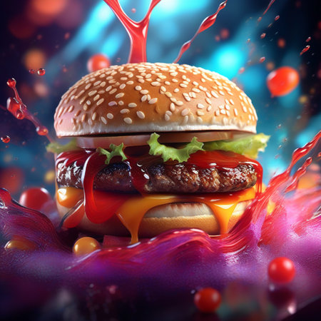 Hamburger with splashes of red juice. 3d renderingの素材