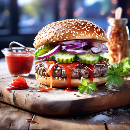 Hamburger with meat, vegetables and ketchup on wooden backgroundの素材