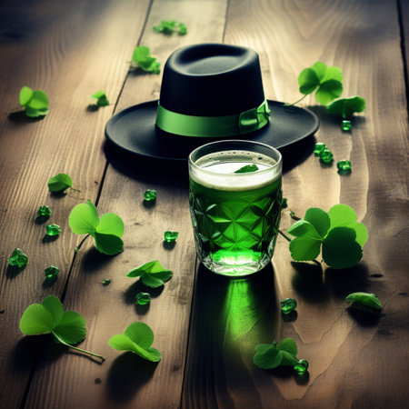 St. Patrick's Day background. Glass with green beer, hat and clover leaves on wooden table.の素材
