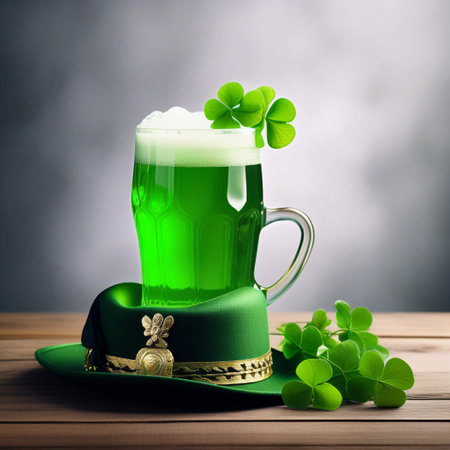 Green beer with clover leaves and leprechaun hat on wooden tableの素材