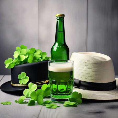 St. Patrick's Day. Glass of green beer, hat and clover leaves on wooden backgroundの素材
