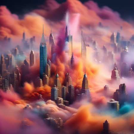 3D illustration of a futuristic city with smoke and fire effect.の素材