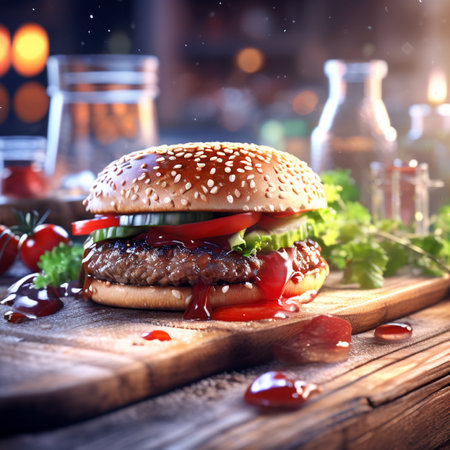 Big tasty hamburger with beef and vegetables on a wooden table.の素材