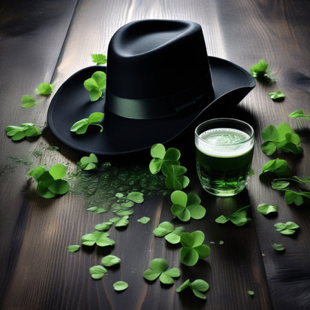 St. Patrick's day concept with clover leaves, hat and green beer on wooden backgroundの素材