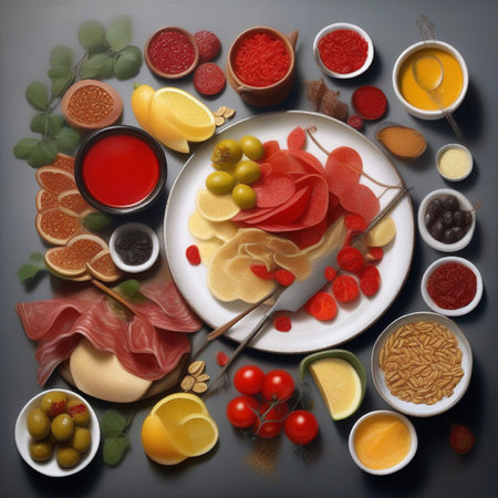Antipasto ingredients. Top view, flat lay, copy spaceの素材