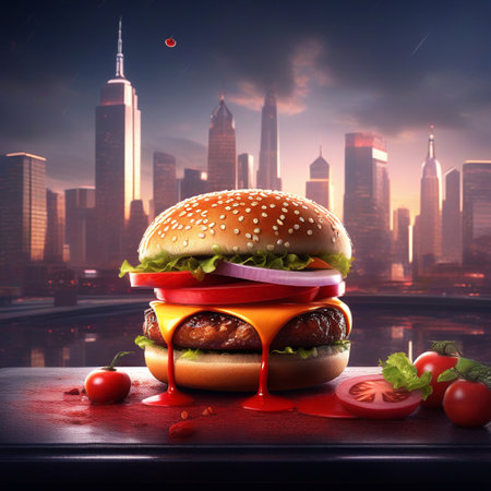 Hamburger on the background of the night city. The concept of fast food.の素材